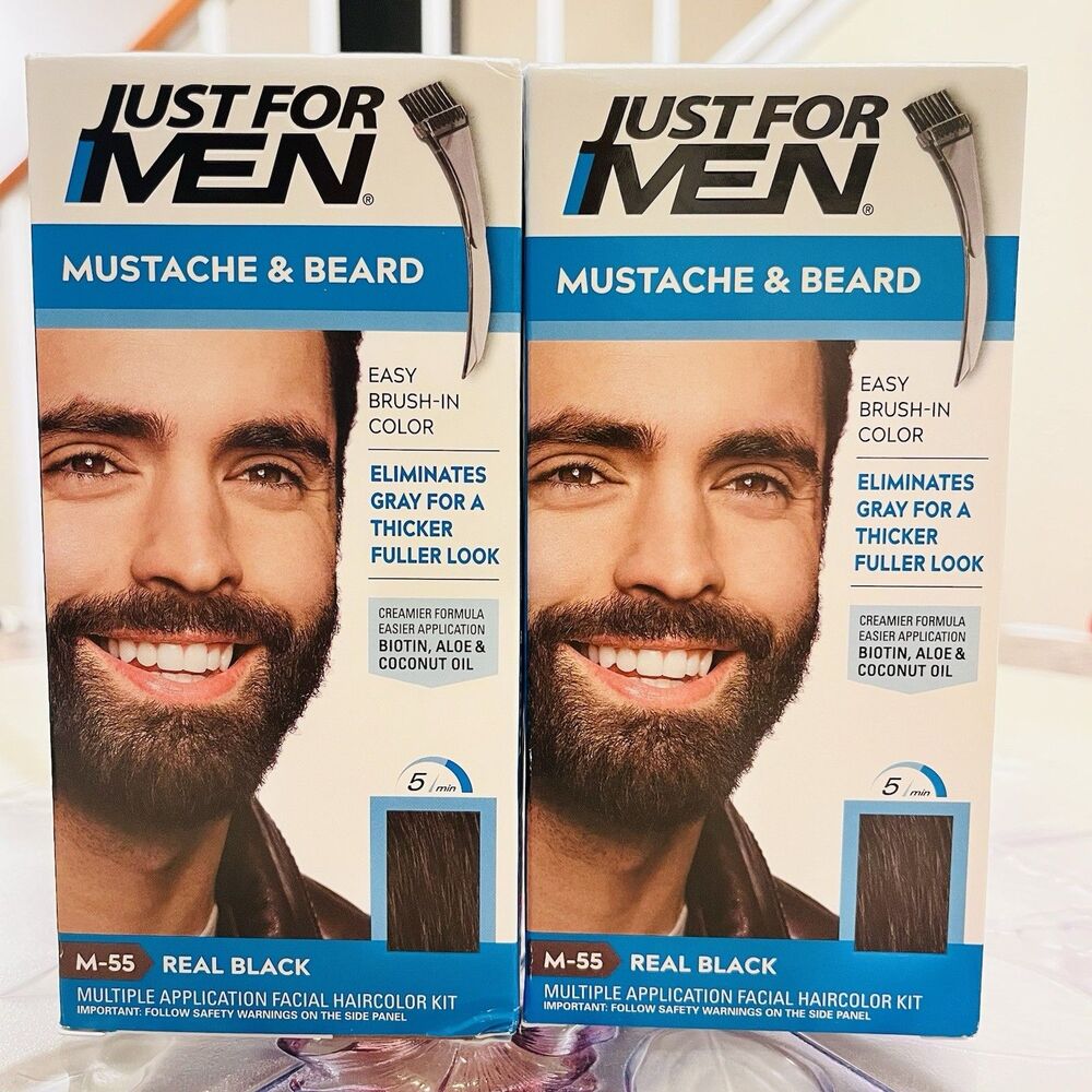 2pk Just For Men M-55 REAL BLACK Mustache & Beard Brush-In Facial Haircolor Kit